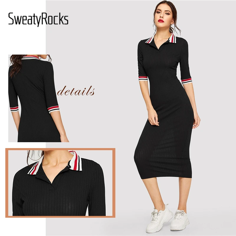 SweatyRocks, трикотажное платье в полоску с воротником, уличная одежда, рукав до локтя, женская элегантная одежда, весеннее облегающее Черное длинное платье