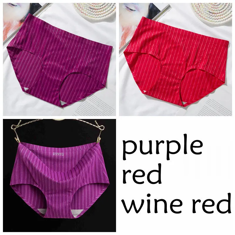 purple red wine-red SP& CITY, 3 шт., Полосатое бесшовное нижнее белье для женщин, ледяной шелк, сексуальные менструальные трусики, набор, средняя талия, хлопковые трусы, женское нижнее белье - Color: purple red wine-red