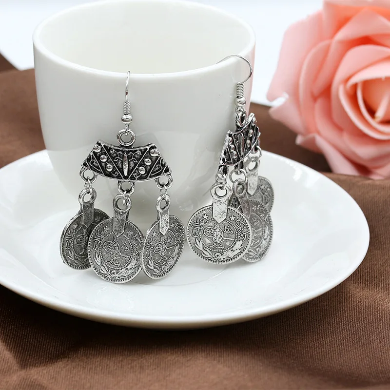 Антисеребряные турецкие висячие серьги с монетками богемные этнические