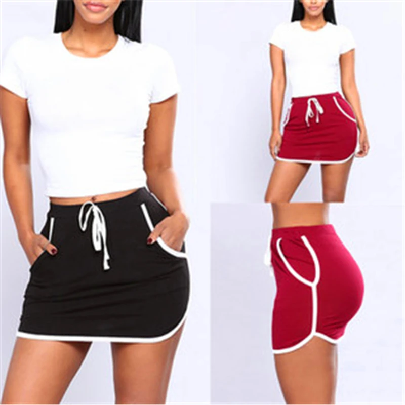 

Summer Women Joggers Fitness Skirt With Pockets New Ladies Sexy Skirt White Sides Sweatpants High Elastic Waist Short Skirts