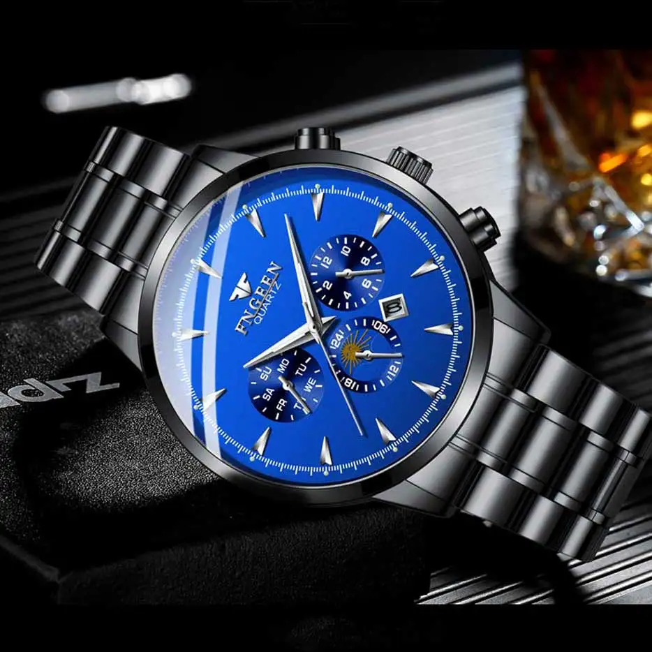 FNGEEN Mens Watch Luxury Men's Stainless Steel Quartz Analog Date Wrist Sport Watches belt watch Relogio Masculino | Наручные часы