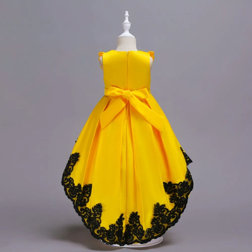 Модное платье с цветочным узором для девочек желтый без рукавов Кружевное