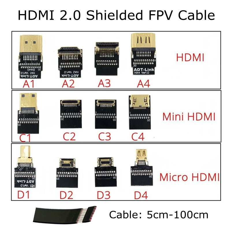 FPV микро HDMI мини налокотник адаптер 5 см 2 м FPC лента 0 экранированный плоский