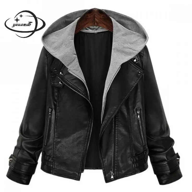 Yauamdb Женское пальто из искусственной кожи весна осень зима Размер Xl-5xl Женская мотоциклетная верхняя одежда с капюшоном Женская куртка с карманами Y117