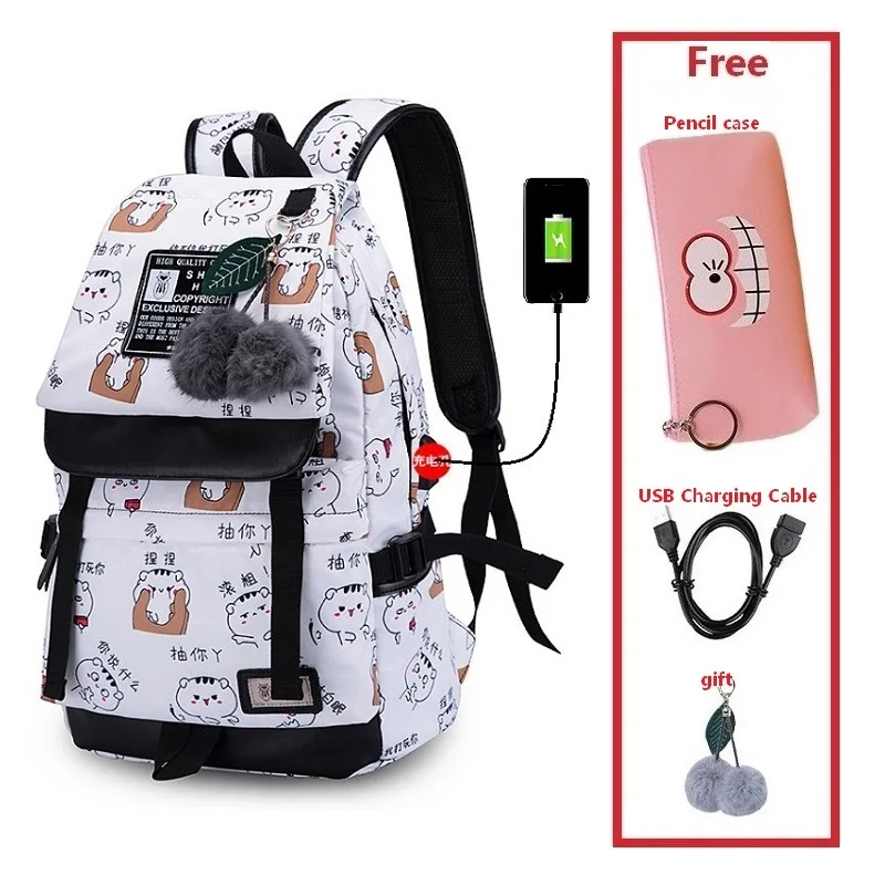 Set 1 Женский нейлоновый рюкзак с usb-разъемом для зарядки, водонепроницаемая школьная сумка для ноутбука, Студенческая модная школьная сумка, детские школьные сумки для девочек - Цвет: Set 1