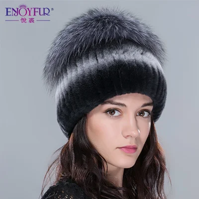 Женская меховая шапка ENJOYFUR, вязаная шапка бини из натурального меха кролика или черно-бурой лисы на зиму - Цвет: Color 339