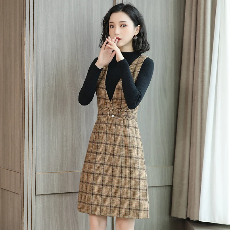 2pc set yellow black Размера плюс новые осенние Для женщин ремень шерсть Клетчатый жилет обтягивающее платье свитер с пышным рукавом Топ, костюм из двух предметов Женская зимняя обувь платье NS1297 - Цвет: 2pc set yellow black