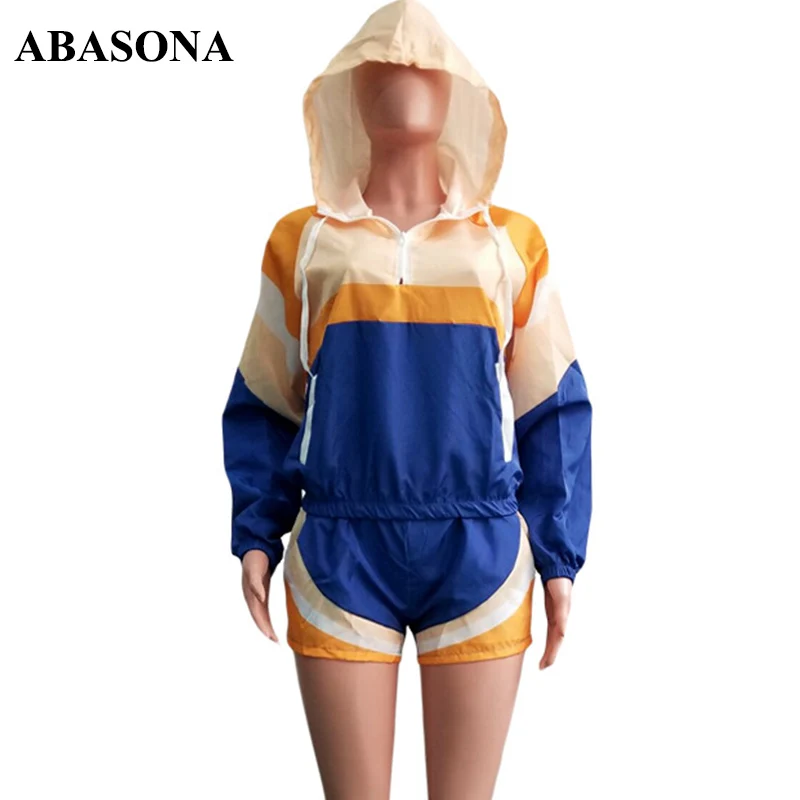 ABASONA, новинка, женский летний спортивный костюм с капюшоном, длинный рукав, застежка-молния, Тренч, шорты, костюм, комплект из 2 предметов, повседневный комбинезон