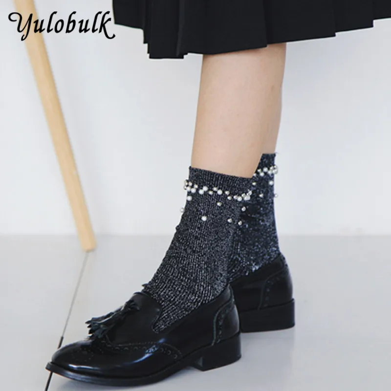Женские модные носки с жемчугом и бисером сезон зима весна женские блестящие
