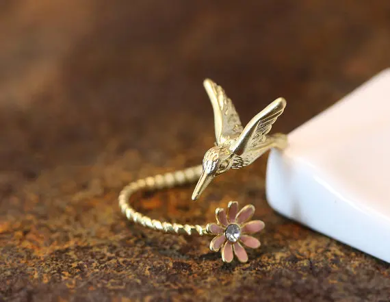 Модное кольцо с цветком и птицей золотистого серебристого цвета|flower ring|fashion rings