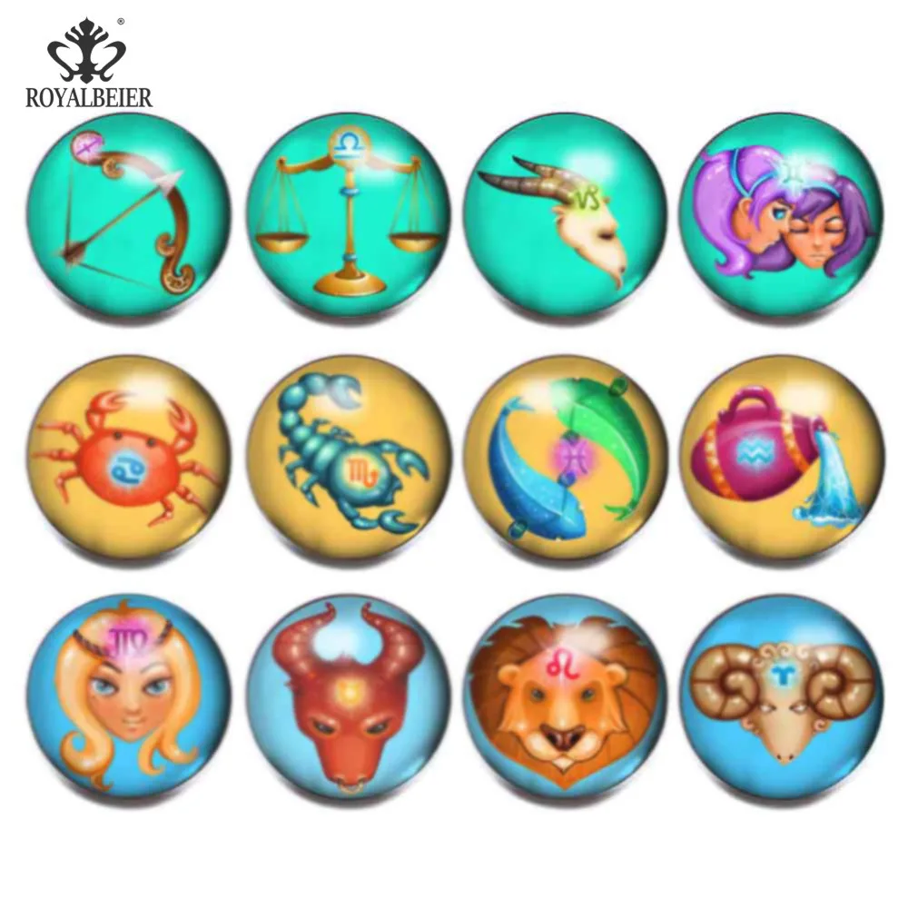 12pcs Snap Button 18mm Glass Charms Constellation&ampZodiac Theme Multi Pattern For 18-20mm Bracelet Jewelry KZ0972 | Украшения и