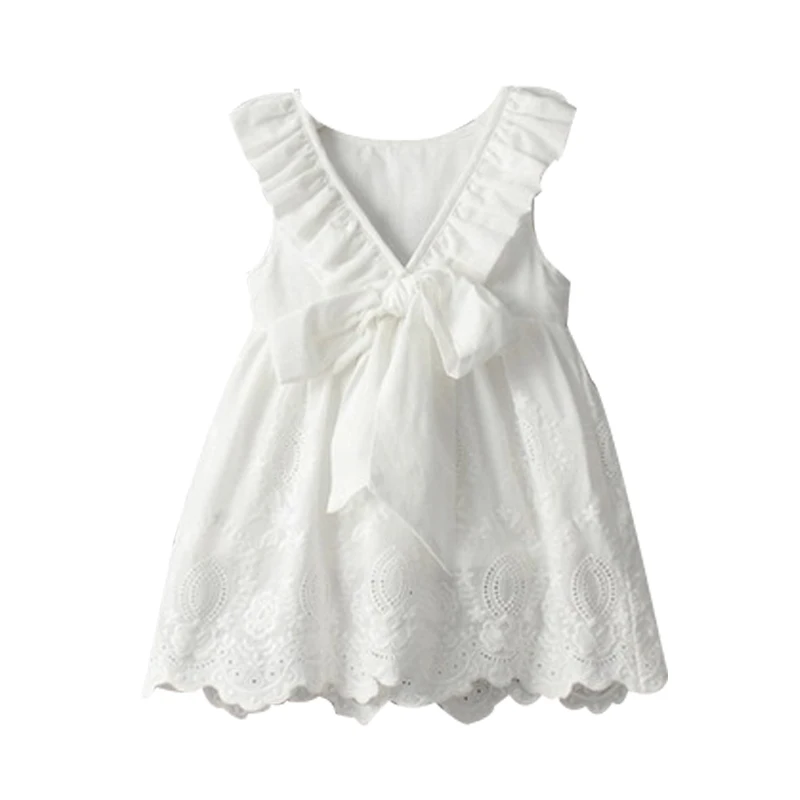 Модное белое платье с v-образным вырезом сзади и бабочкой для девочек летнее