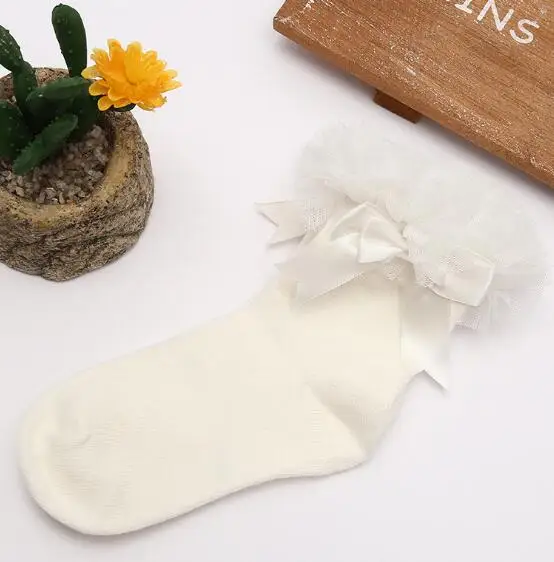 white big lace Короткие кружевные носки принцессы с цветочным принтом и бантом для маленьких девочек модные детские хлопковые безбортные носки с оборками - Цвет: white big lace