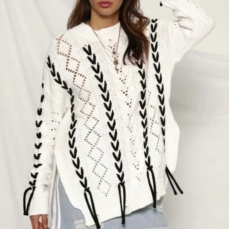 Осень-зима 2018 белый пуловер на шнуровке длинный с разрезом повседневный женский