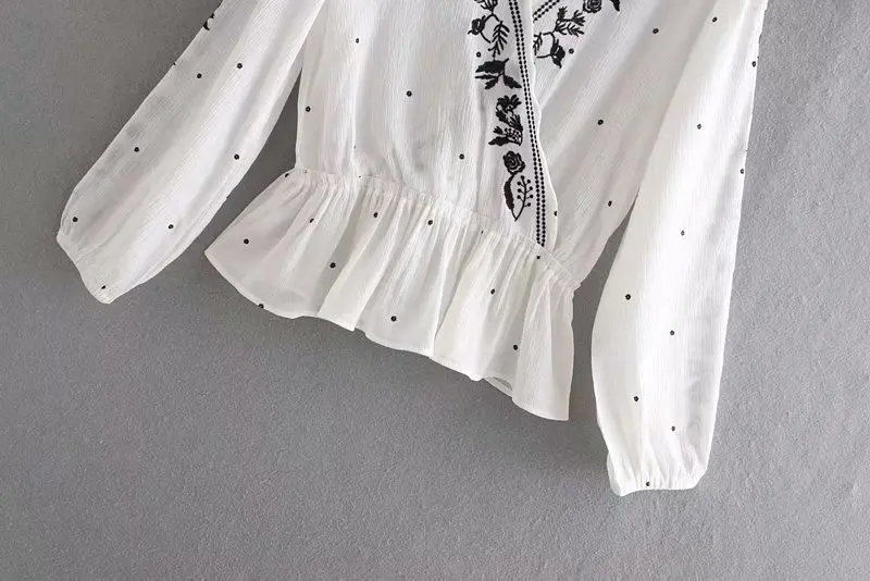 Женская винтажная блузка с v-образным вырезом и цветочной вышивкой Повседневная