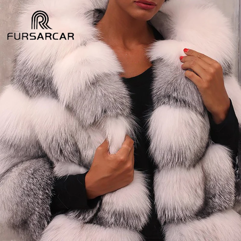 FURSARCAR Для женщин Роскошные натурального меха лисы пальто с капюшоном из