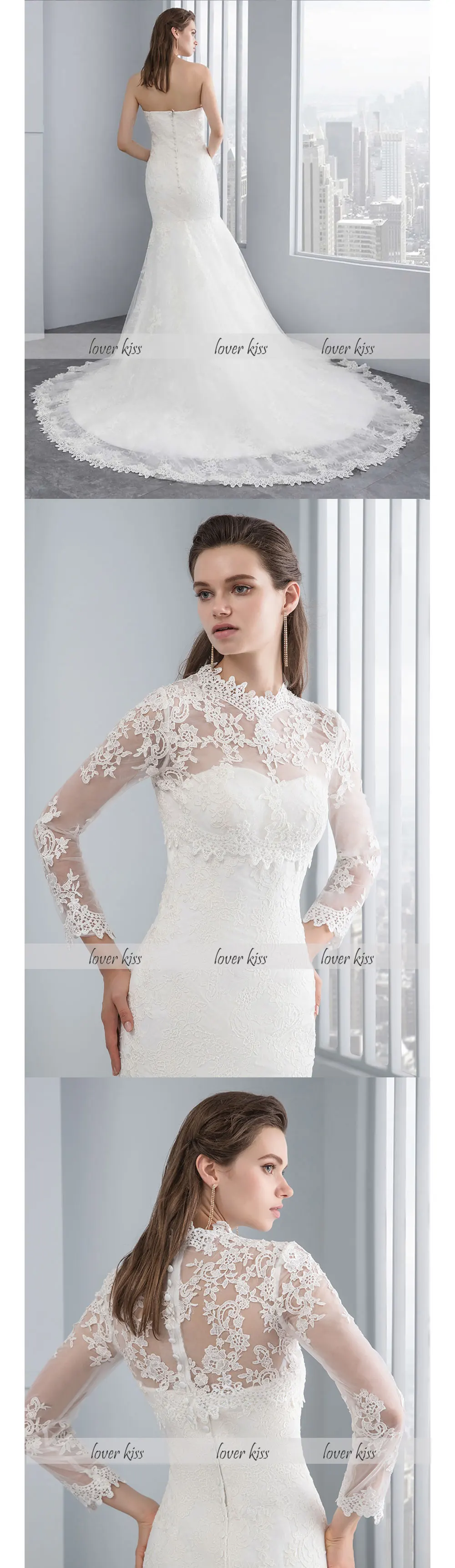 Lover Kiss свадебное платье vestido de noiva, длинный рукав, кружевное 2 в 1 свадебное платье-Русалка атласное белое свадебное платье без бретелек с куртка пляжные Стиль дизайн