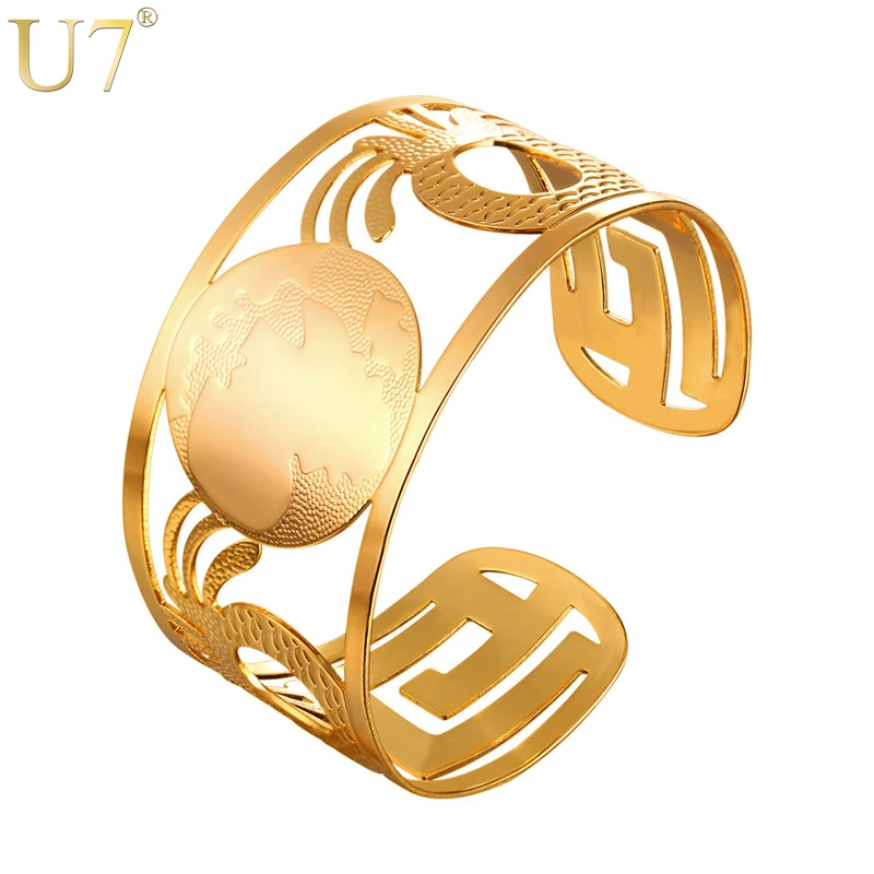 

U7 Ethiopian Big Bangles Africa Map Cuff Bracelets For Men/Women Gold/Silver Color Hip Hop African Jewelry 2017 New Hot H1007