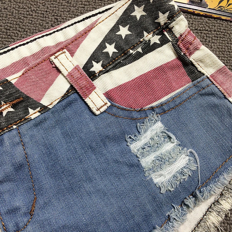 

2016 Summer New Sexy Slim Skinny USA Flag Printed Burrs Washed Low Waist Women Denim Mini Hot Shorts Jeans Clubwear