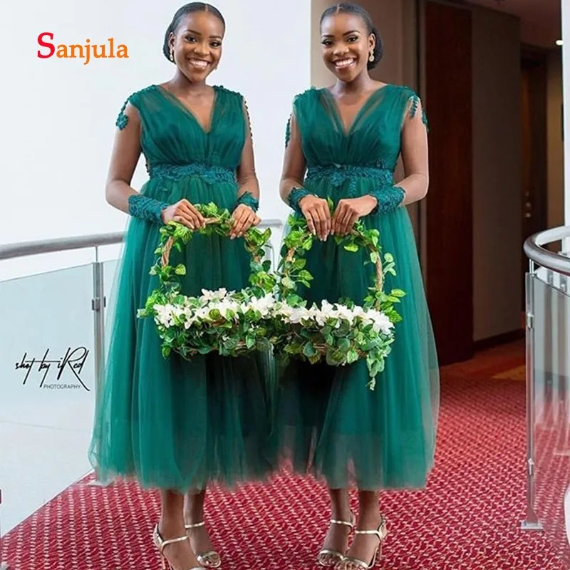 Dark Green Tulle A-Line African Bridesmaid Dresses Tea-Length V Neck Sheer Long Sleeve Maid of Honor Appliques D504 | Свадьбы и