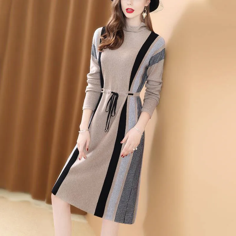 

2019 Autumn Winter WomenTurtleneck Sweater Dress Female Causal Slim O-Neck Patchwork Striped Oversize Knitted Dresses H09