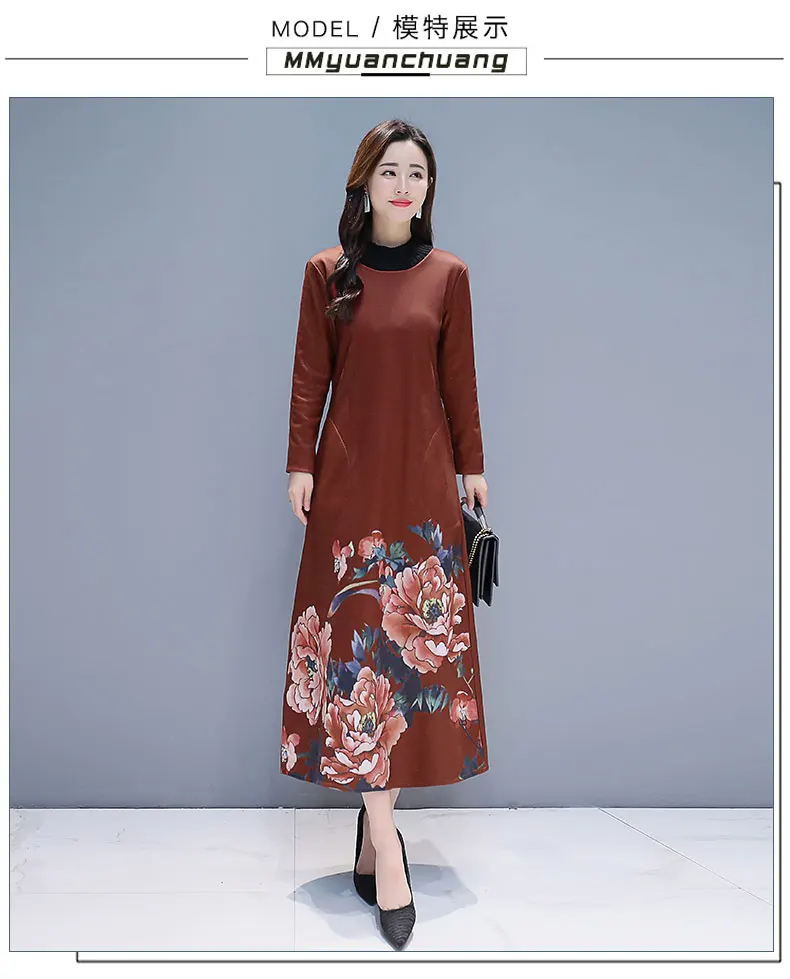 Retro chinese style print dress 2018 winter new plus velvet thickening temperament women fashion warm size M~4XL | Женская одежда