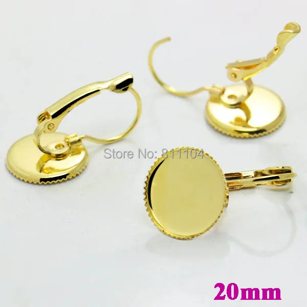 

20mm New Golden Plated Round Bezel Caps Bases French Style Clip Hook Earrings Settings Blank for 20mm CABs Cabochon Wholesale