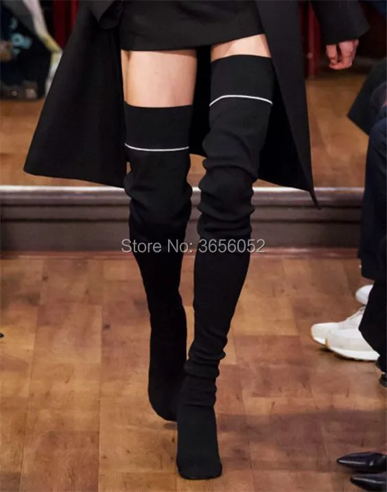

Qianruiti Sexy Fetish Shoes Woman Stiletto Botas Black Stretch Thigh High Boots Cigarette Lighter Heel Over The Knee Sock Boots