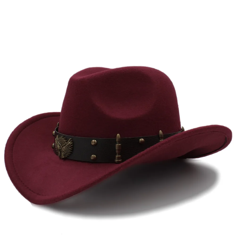 Wine red Wome Мужская черная шерсть Chapeu западная ковбойская шляпа джентльмен Джаз сомбреро Hombre Кепка папа ковбойские шляпы для женщин размер 56-58 см - Цвет: Wine red