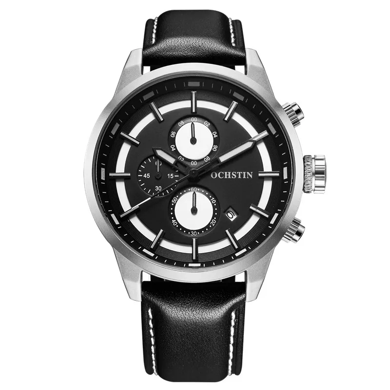 silver white OCHSTIN спортивные часы для мужчин модные повседневные часы с хронографом мужские кожаные спортивные мужские кварцевые часы мужские часы с желтым лицом - Цвет: silver white