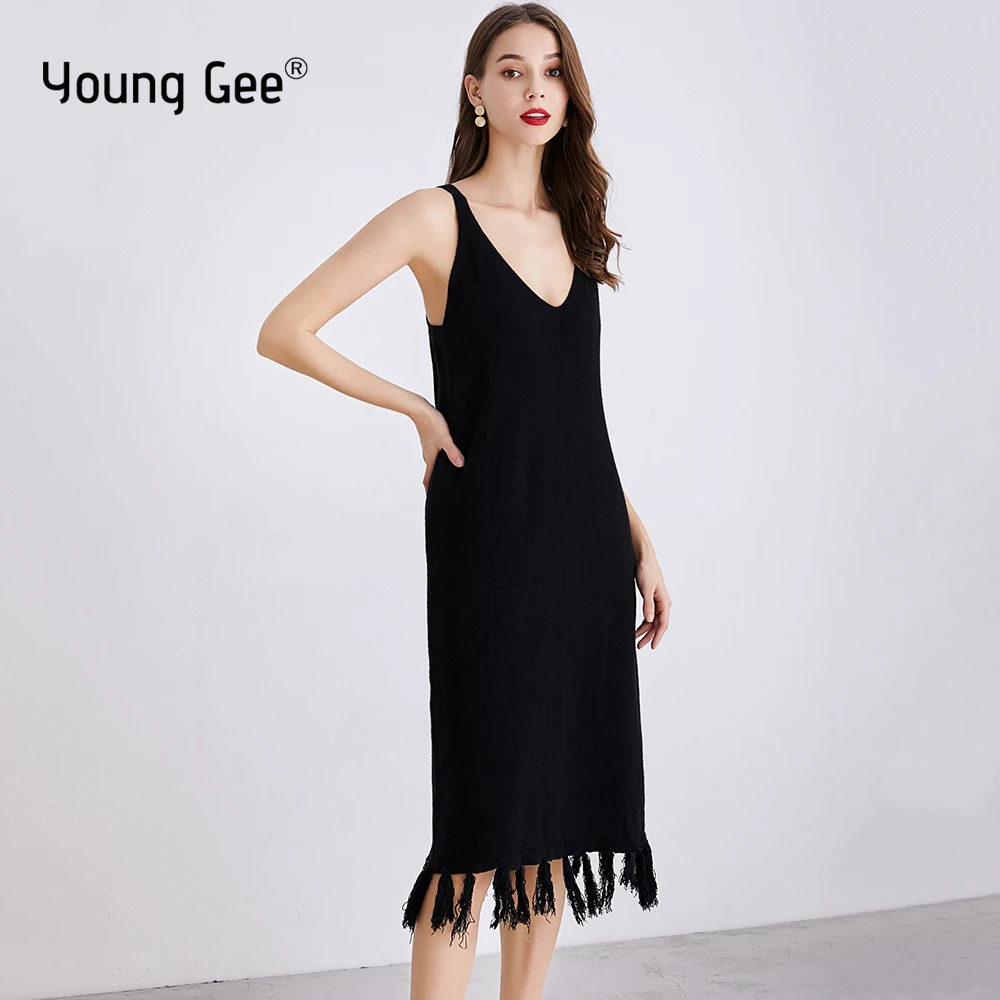 Женское длинное трикотажное платье Young Gee однотонное свитер с открытой спиной и