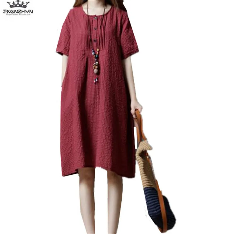 

Tnlnzhyn2019 новый летний Для женщин платье из хлопка и льна с круглым вырезом и короткими рукавами белье мода платье Повседневное свободные Винт...