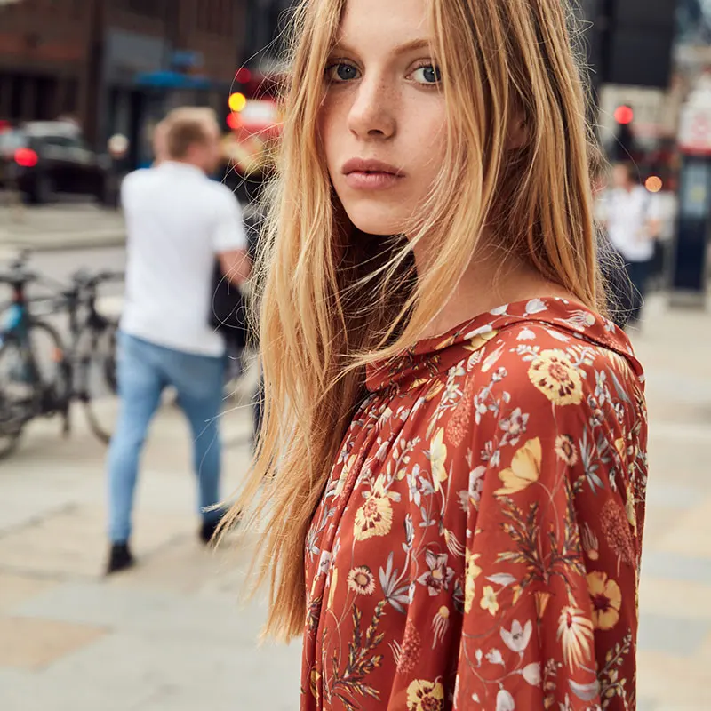 Vero Moda New Women's Low-cut Round Neckline Balloon 3/4 Sleeves Printed Chiffon Dress | 31837C515