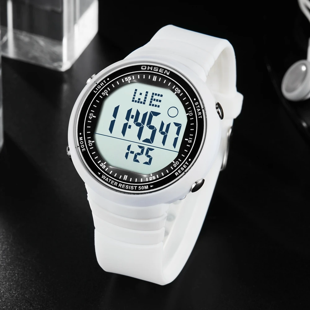 OHSEN цифровые ЖК-спортивные наручные часы мужские Relogio Masculino 50 м Водонепроницаемый Будильник Дата Резина модные белые спортивные часы для улицы подарок