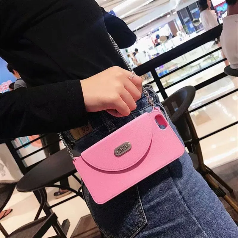 Dark Pink FTAIDKJ Роскошный кошелек карты мягкий силиконовый Шолдер Сумка для iPhone X XS Max XR XS 10 7 6 6S 8 Plus женская сумочка кошелек с цепочкой - Цвет: Dark Pink