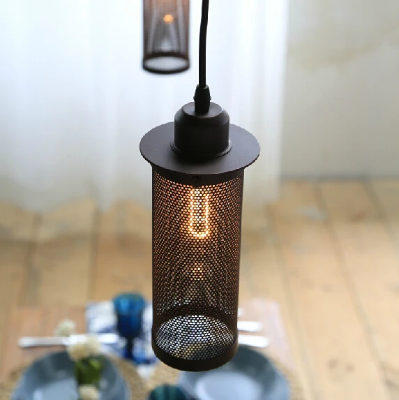 Edison cord hanging lamp Industrial Wind Vintage Cage pendant lights dinning room Metal Iron Mesh Cylinder lighting | Лампы и