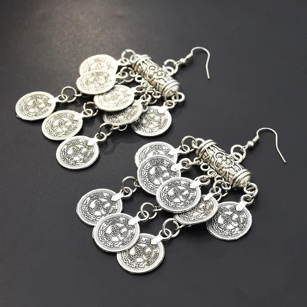Турецкие jhumkas индийские серебряные монеты падение цыганский Бохо-Стиль Пляж этнический Племенной фестиваль червленые ювелирные изделия серьги с кисточками Женщины