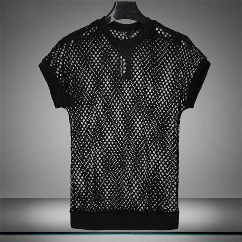 Black Idopy Корейская летняя футболка мужская брендовая новая облегающая прозрачная Готическая пуловеры в стиле панк мужские сетчатые повседневные футболки с коротким рукавом - Цвет: Black