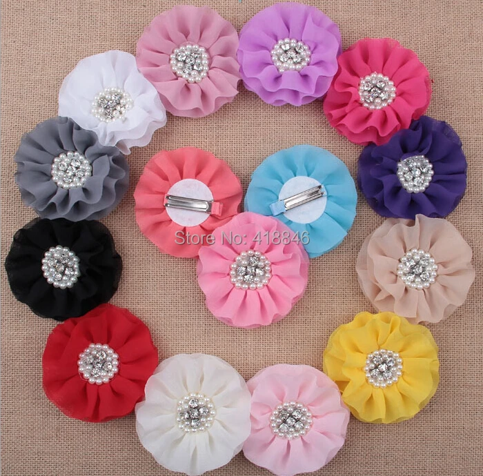 

Pearl Rhinestone Button Core Decorated Chiffon Flower Hair Clip.free Shipping 10pcs Mix Colors Diy Jewelry Floral Hair Clips.