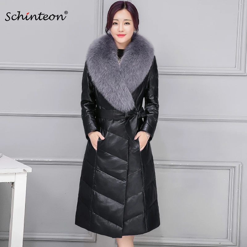 

Schinteon Women Winter PU Leather Long Jacket with Faux Fox Big Collar Outwear Warm Parka Belt Chinese Size