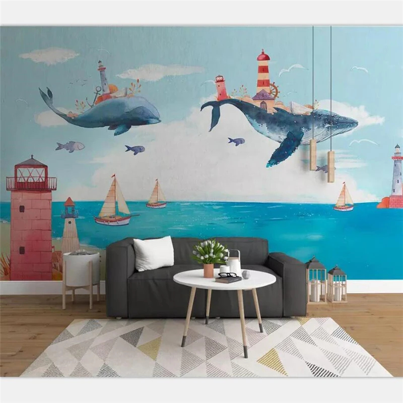 

beibehang Wallpaper custom large high-end Nordic creative watercolor Mediterranean ocean whale children's room background