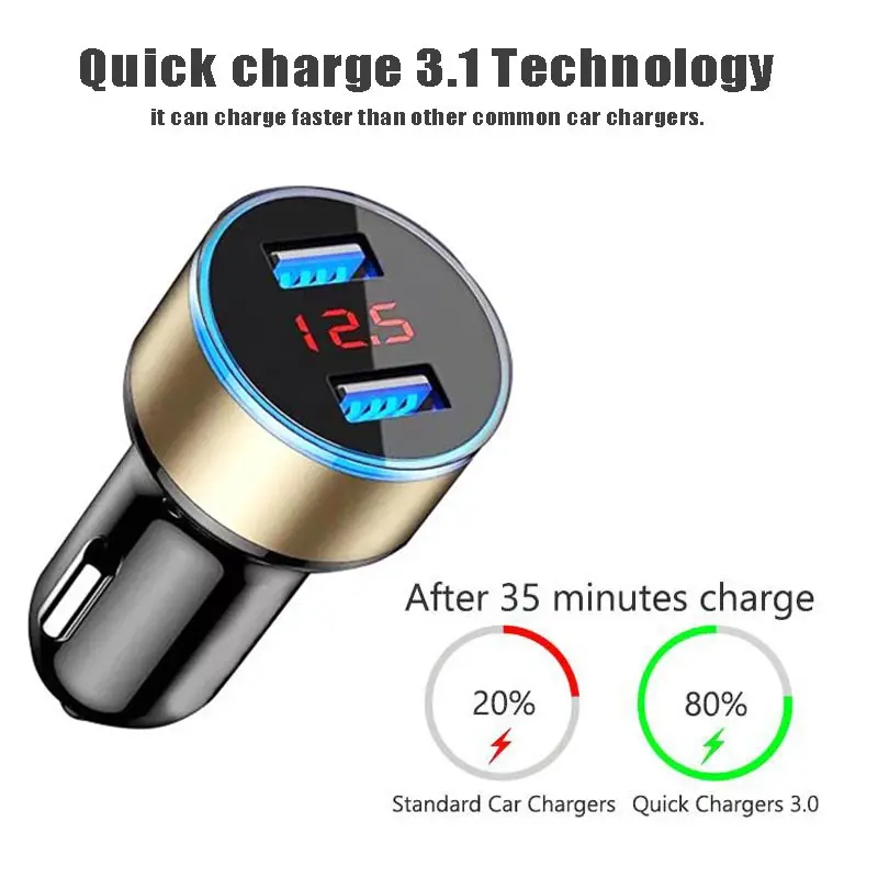 Универсальный двойной Переходник USB для зарядки в машине 3.1A со светодиодным