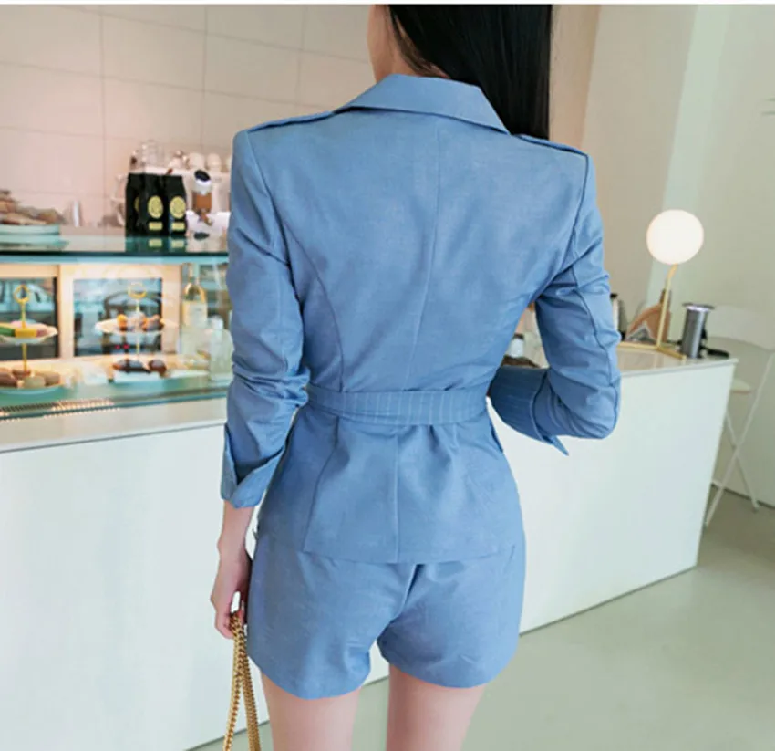 

JSXDHK Office Ladies Suits Formal 2019 Summer Women Blue Striped Double Breasted Lace UP Notched Blazer + Work Short Pants Set