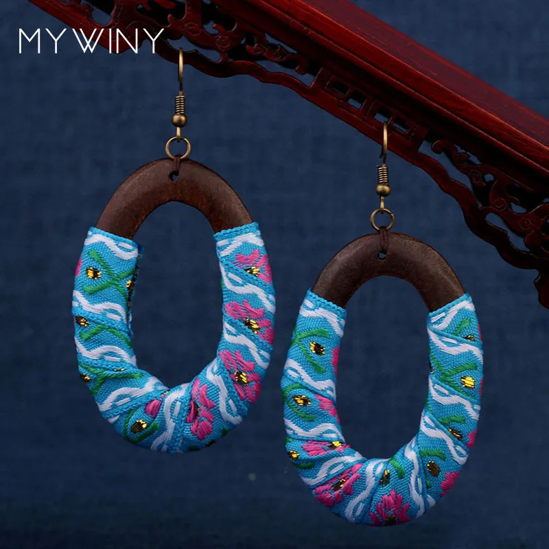 Новые винтажные цветные Серьги MYWINY из дерева с тканевым узором овальной формы 2