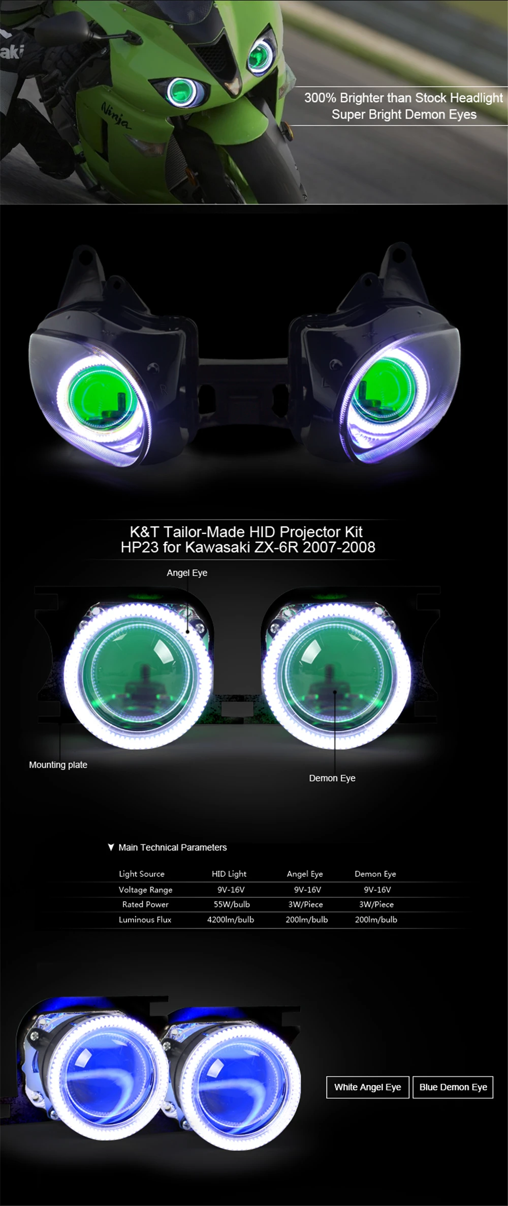 KT портной HID комплект проектора для Kawasaki ZX-6R ZX6R 2008-2007 HP23