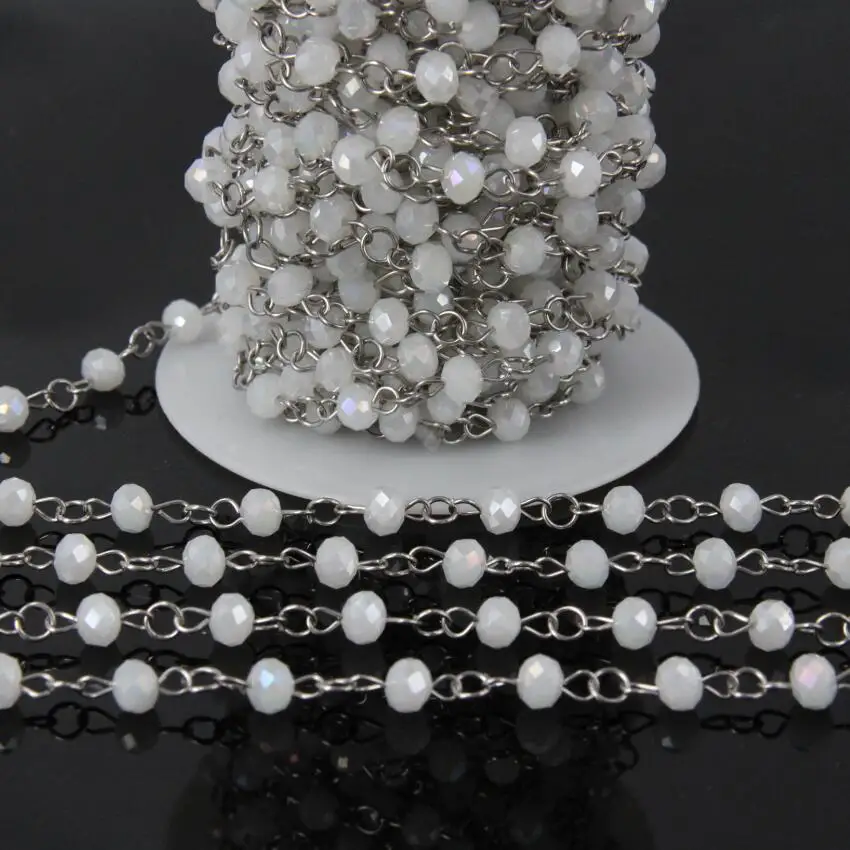 

5Meter/lot,White AB Glass Rondelle bead Chain,Rainbow Titanium Glass Crystal Link Silver Color Brass Wire Wrapped Rosary Chain