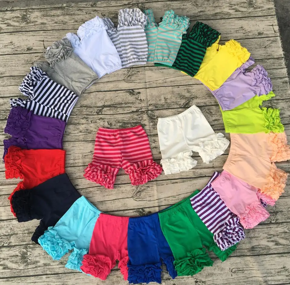 

wholesale multi color girls summer fresh and cool ruffle shorts boutique Kids Wear Childrens solid cotton triple icing shorts