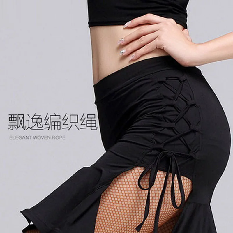 Бесплатная доставка боковые Slits черная юбка для латинских танцев взрослых