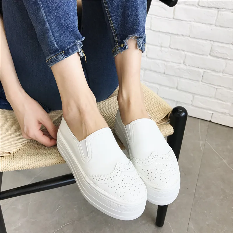 Genuine Leather Breathable Women Sneakers Fashion Increase Shoes for Slip on White Creepers Platform 2018 | Обувь