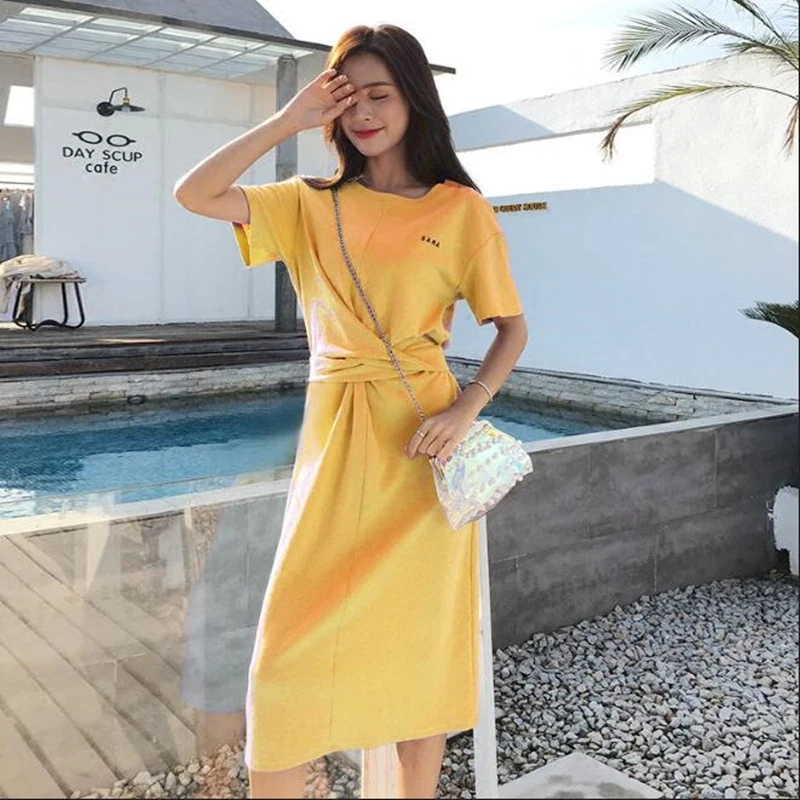 Платье летнее приталенное удобное новое платье однотонное с круглым вырезом AI044 |